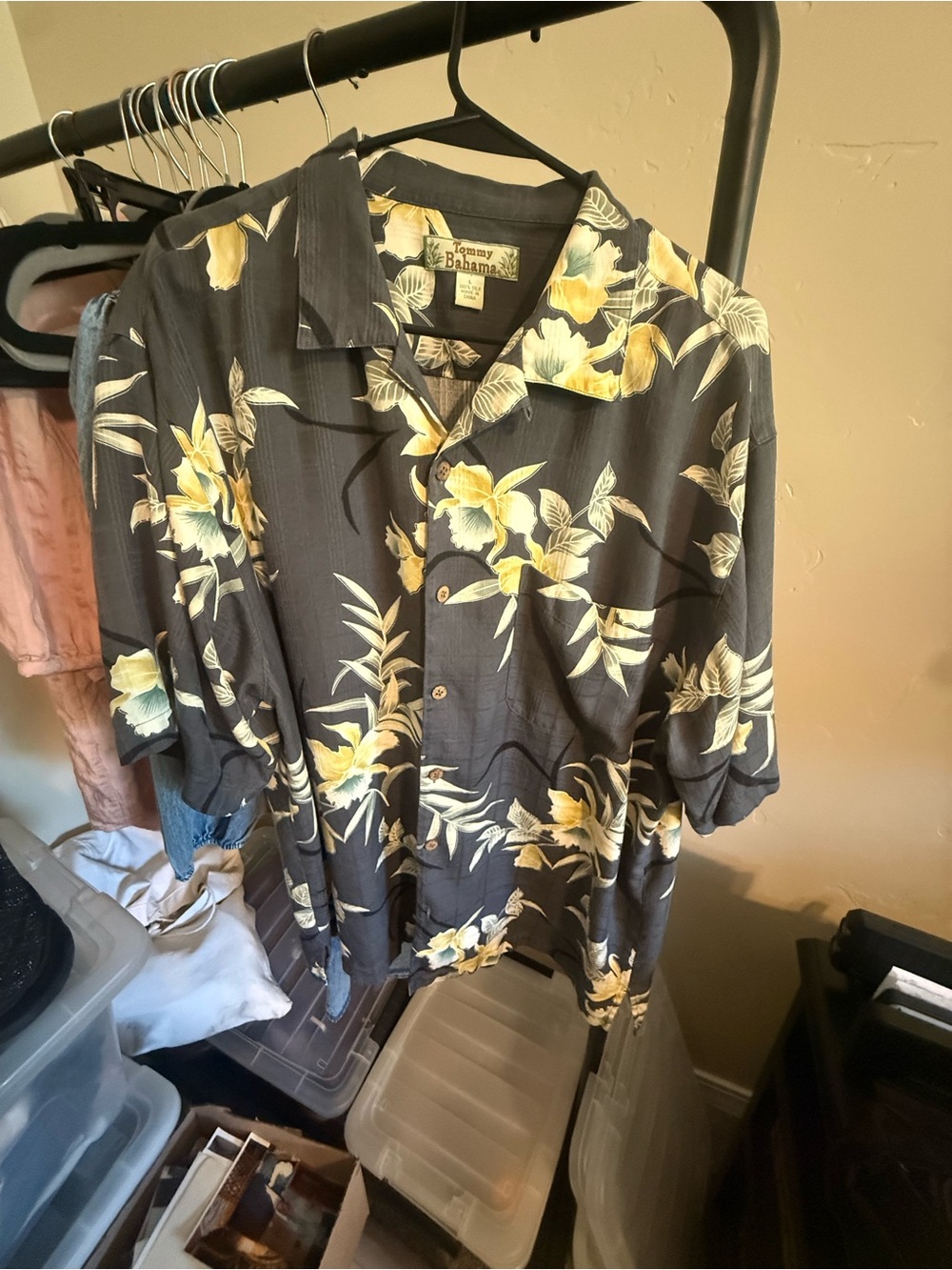 Tommy Bahama Black Shirt with Yellow Floral Print 100% silk